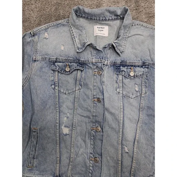 Old Navy Jean Jacket Size Large Boyfriend Distressed Ripped Light Blue Denim - Picture 5 of 13